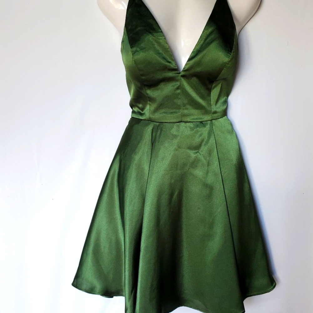 Blondie Nites Plunging-V Satin Skinny Strap Lace Up Mini Green Dress - Picture 4 of 6